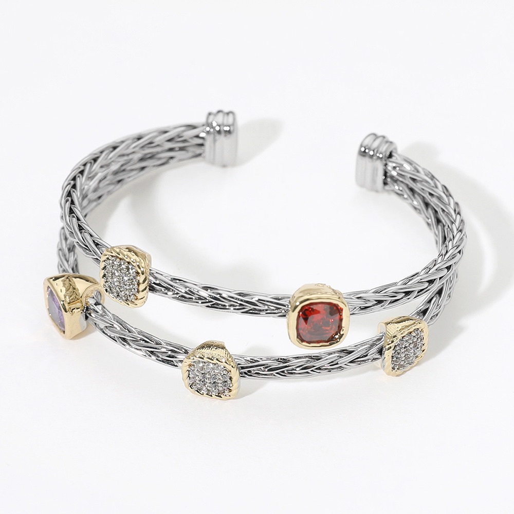 Two Tone Stone Cable Split Cuff Bracelet with Red and Purple Accents